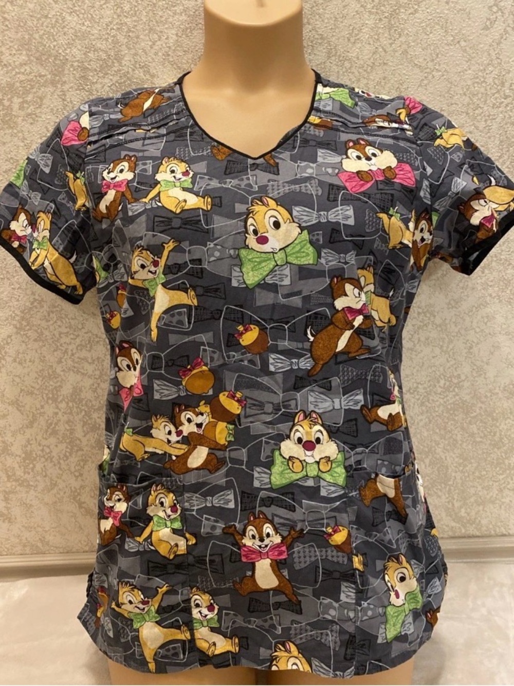 Disney Gray And Black Chip 'n' Dale Scrub Top with Colorful Bow Accents